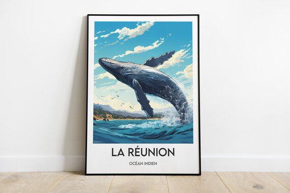 Reunion Island Indian Ocean Poster Poster Whale Jumping Illustration