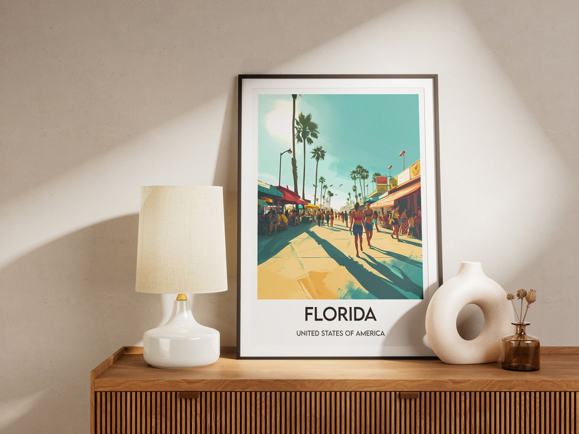 Florida Sunny Beach Boardwalk Palms Illustration Travel Poster - Image 2