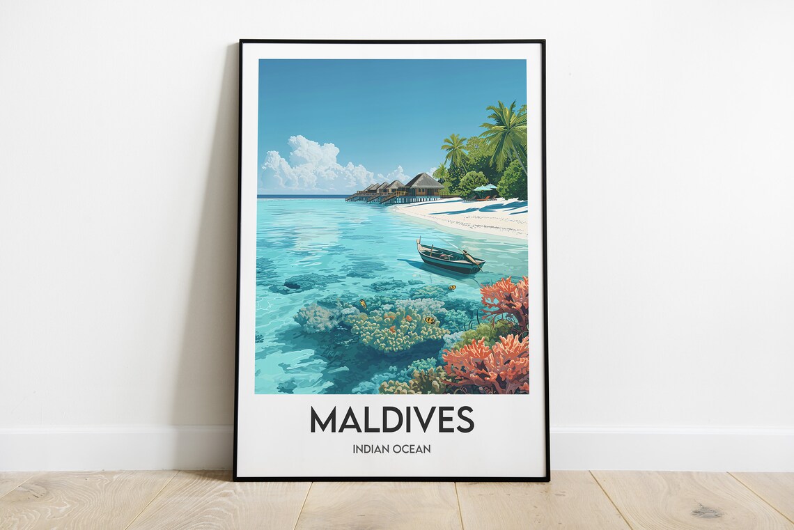Maldives Indian Ocean Coral Reef Lagoon Tropical Beach Travel Poster