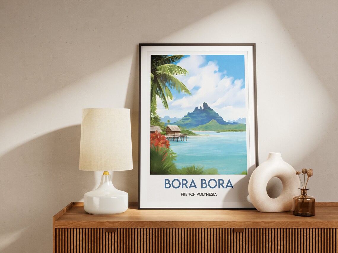 Bora Bora French Polynesia Lagoon Huts Minimalist Travel Poster - Image 2