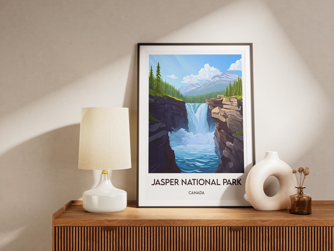 Jasper National Park Canada Poster Waterfall Rocky Canyon Travel Wall Decor - Image 2