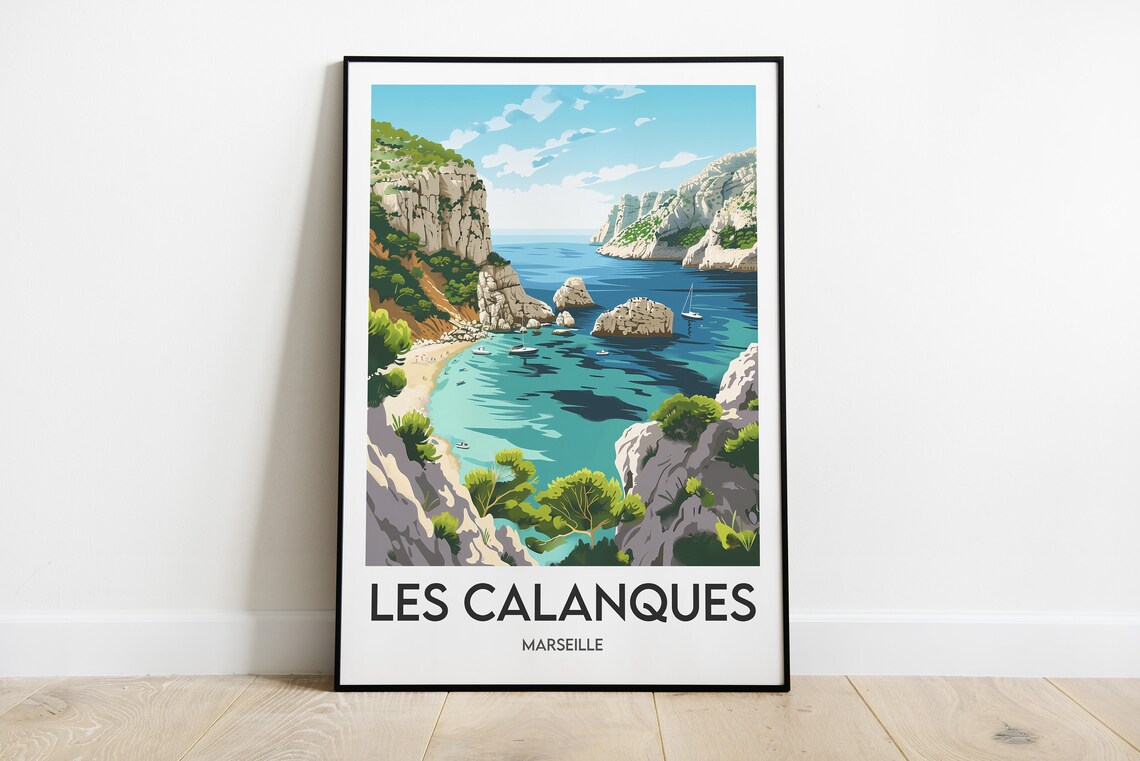Les Calanques Marseille Rocky Coves Turquoise Water Vintage Poster