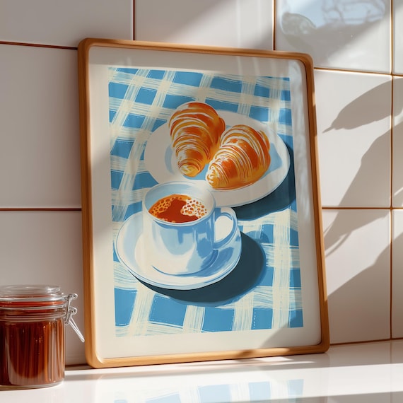 Blue White Breakfast Coffee Croissant Nostalgic Cafe Gingham Kitchen Poster