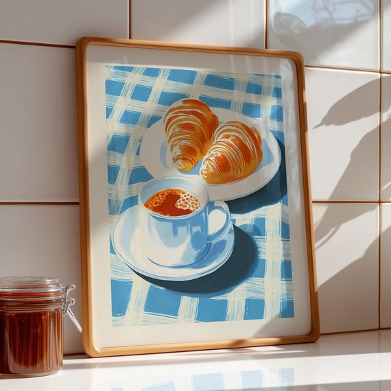 Croissant Wall Art Breakfast Print Blue And White Nostalgic Cafe Coffee Shop Digital Download