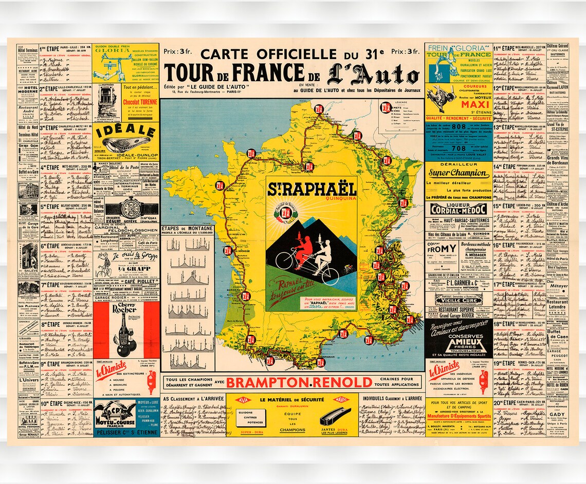 31st Tour de France Official Route Map Vintage Cycling Art Poster