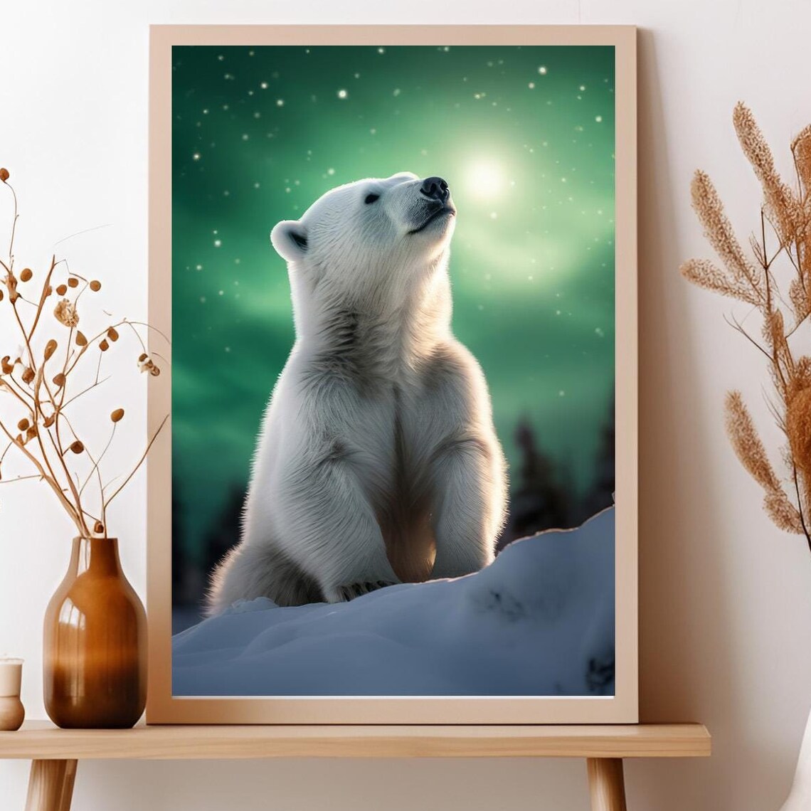 Polar Bear Poster, Northern Lights Arctic Wildlife