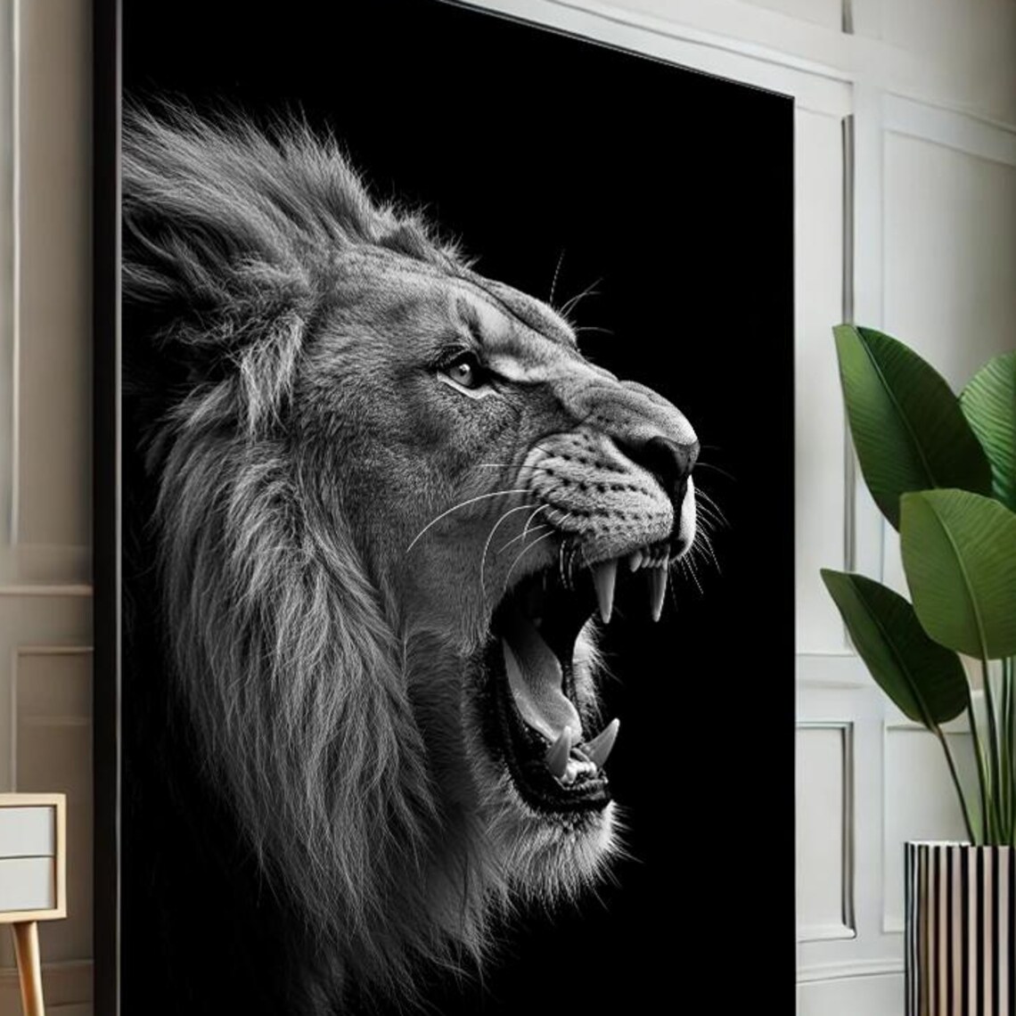 Roaring Lion Profile Black Background Monochrome Photo Poster
