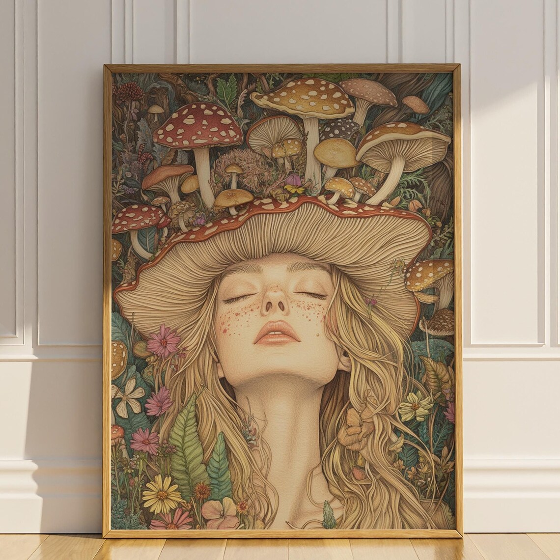 Mushroom Girl Whimsical Wildflower Poster Print