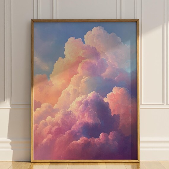 Pink Pastel Clouds Dreamy Sky Calming Bedroom Vintage Oil Poster