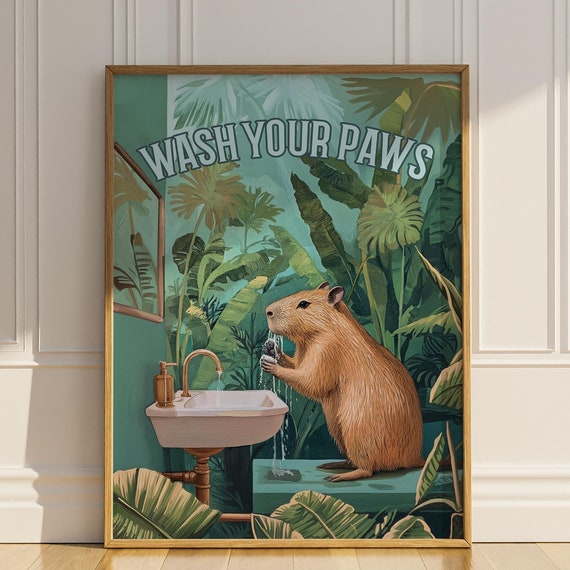 Wash Your Paws Capybara Bathroom Poster Print Funny Wall Decor Vintage Houseplants Botanical Restroom Toilet Wall Art Sign Matte Poster