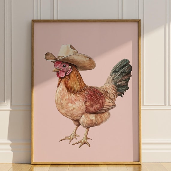 Chicken Cowboy Hat Print Poster Funny Chicken Wall Art Farm House Wall Decor Western Farmer Chicken Lover Gift Idea Matte Poster