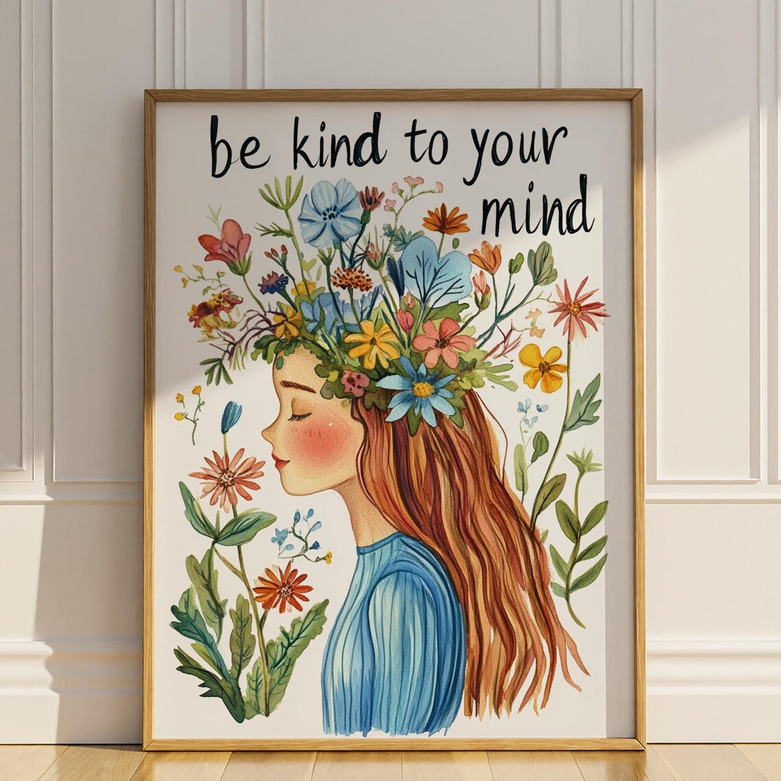 Be Kind to Your Mind Watercolor Girl Wildflower Mental Health Poster