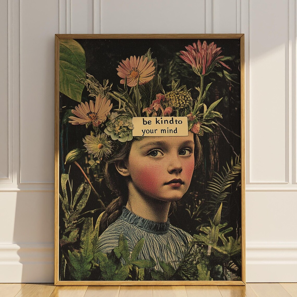Be Kind to Your Mind Quote Vintage Botanical Collage Art Poster
