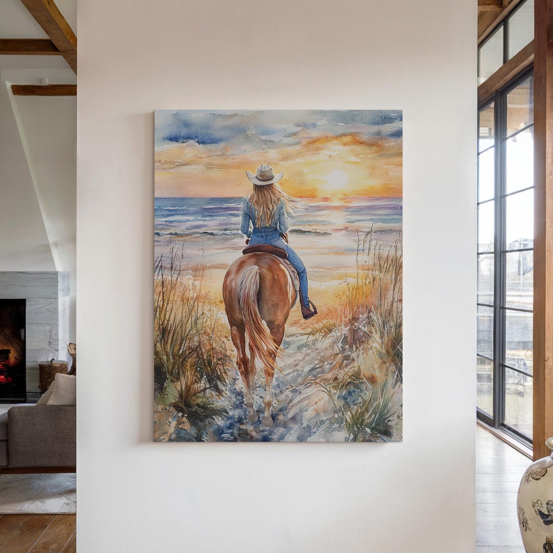 Coastal Cowgirl Wall Art Horse Riding Girl Beach Sunset Wall Decor Artful Trendy Watercolor Painting Cowboy Hat Matte Print