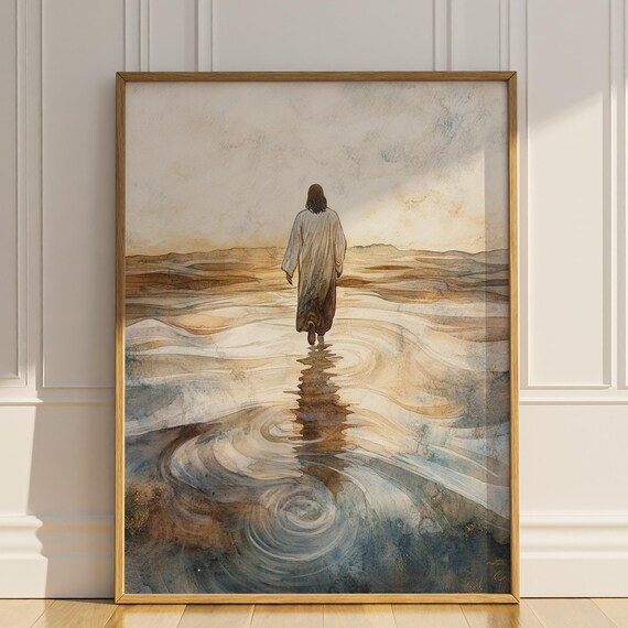 Jesus Walking across Swirling Waters Meditative Faith Art Poster