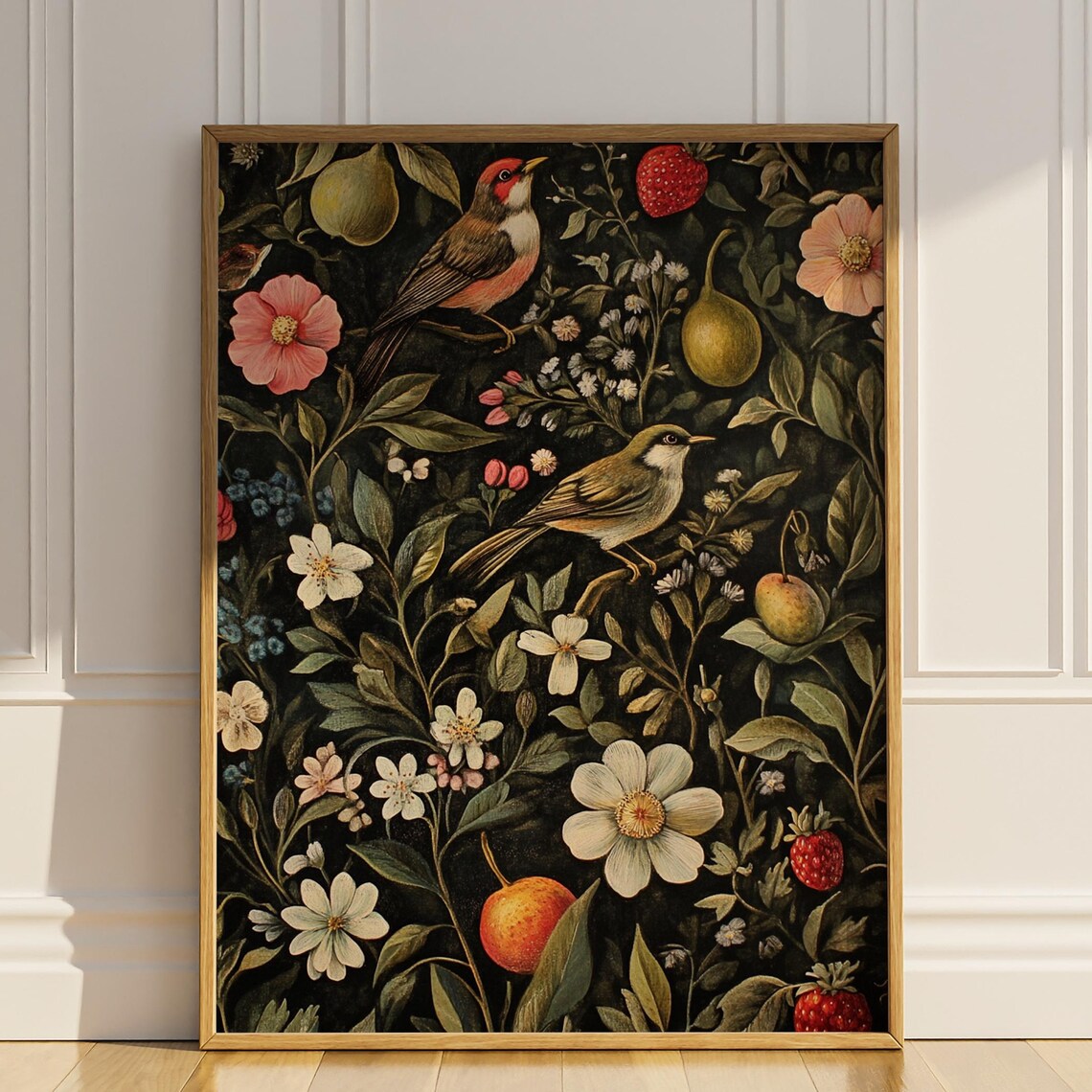 Songbirds Fruit and Wildflowers Dark Vintage Botanical Art Poster