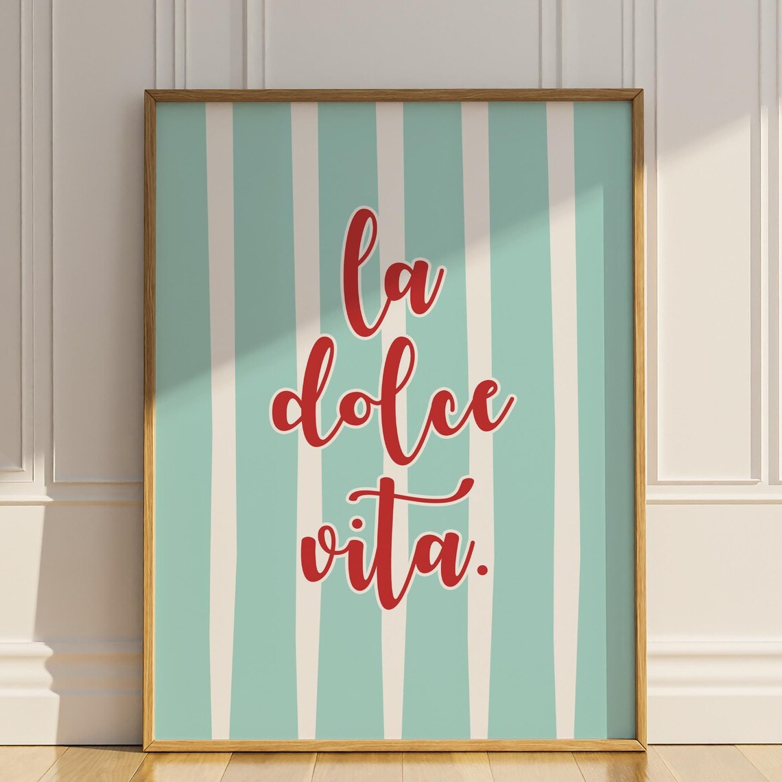 La Dolce Vita Red Script on Teal Striped Background Quote Art Poster