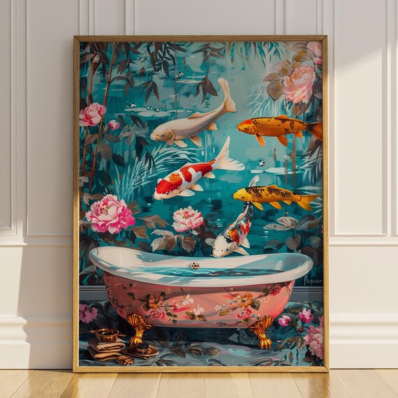 Japanese Koi Fish Bathroom Wall Decor Modern Koi Bathtub Art Wall Art Colorful Pink Blue Gift Restroom