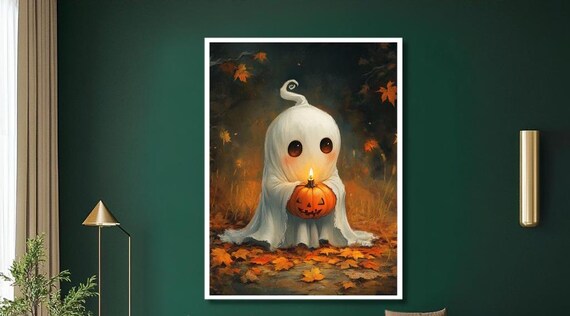 Cute Little Ghost Holding a Jack O Lantern Among Autumn Leaves Poster