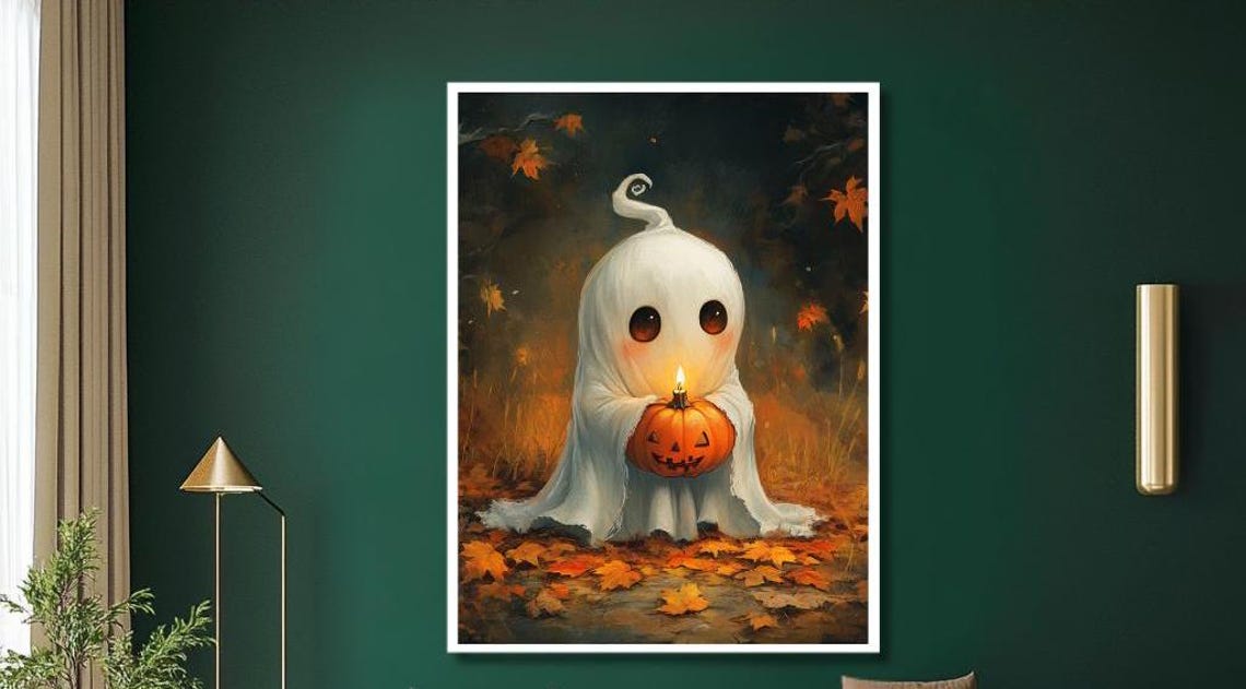 Cute Little Ghost Holding a Jack O Lantern Among Autumn Leaves Poster