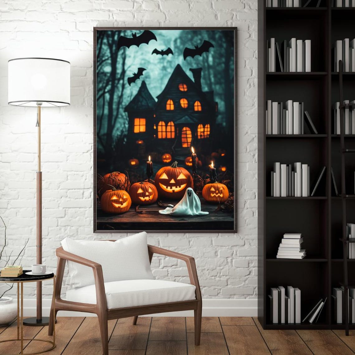 Haunted House on Halloween Night Bats Jack O Lanterns Wall Art - Image 3