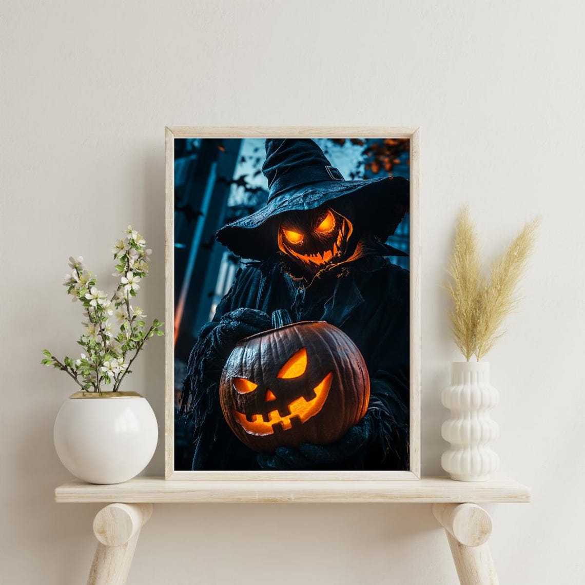 Pumpkin Head Witch Holding Glowing Jack O Lantern Night Horror Poster - Image 3