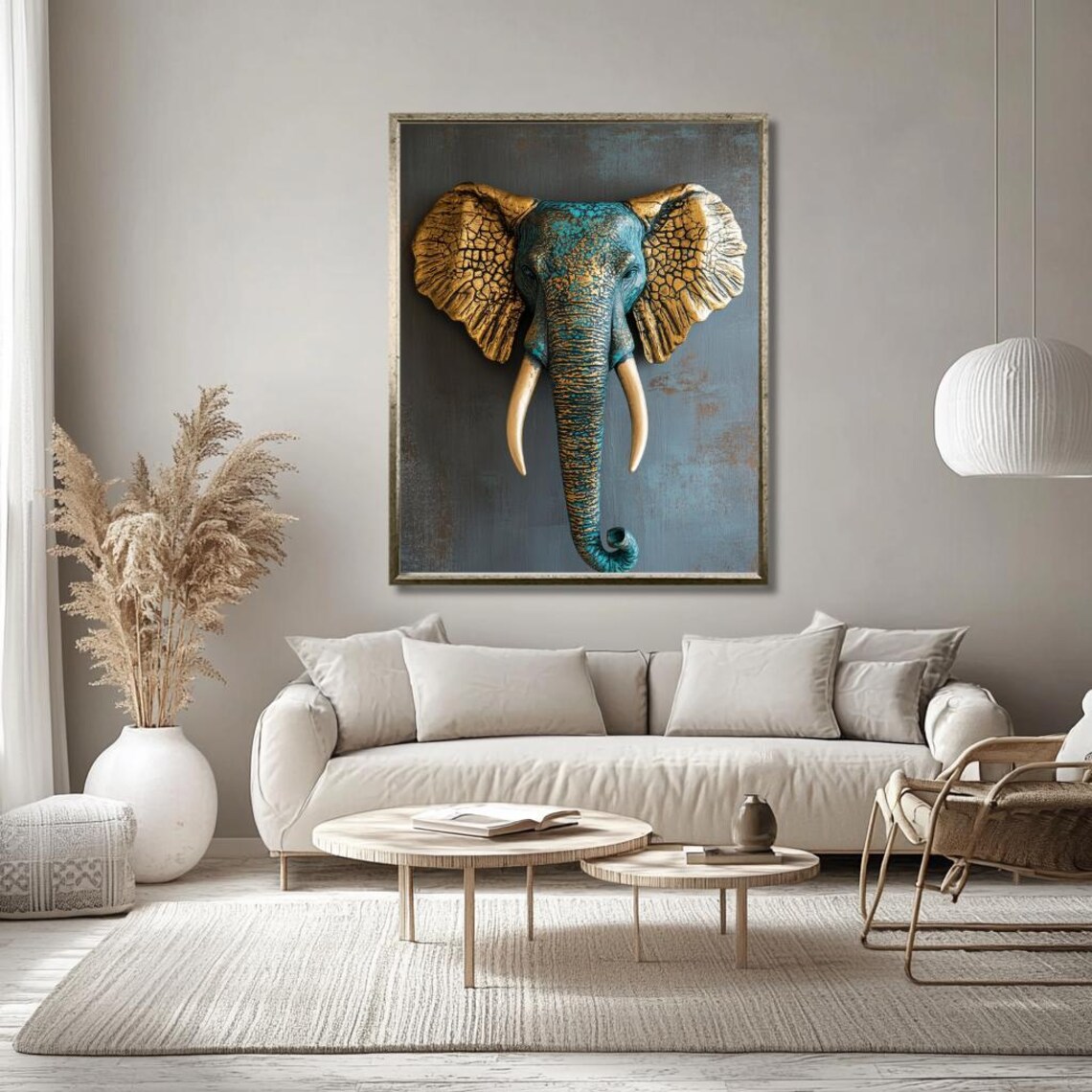 Regal Teal And Gold Elephant Head Textured Wildlife Poster For Living Room Decor - Image 3