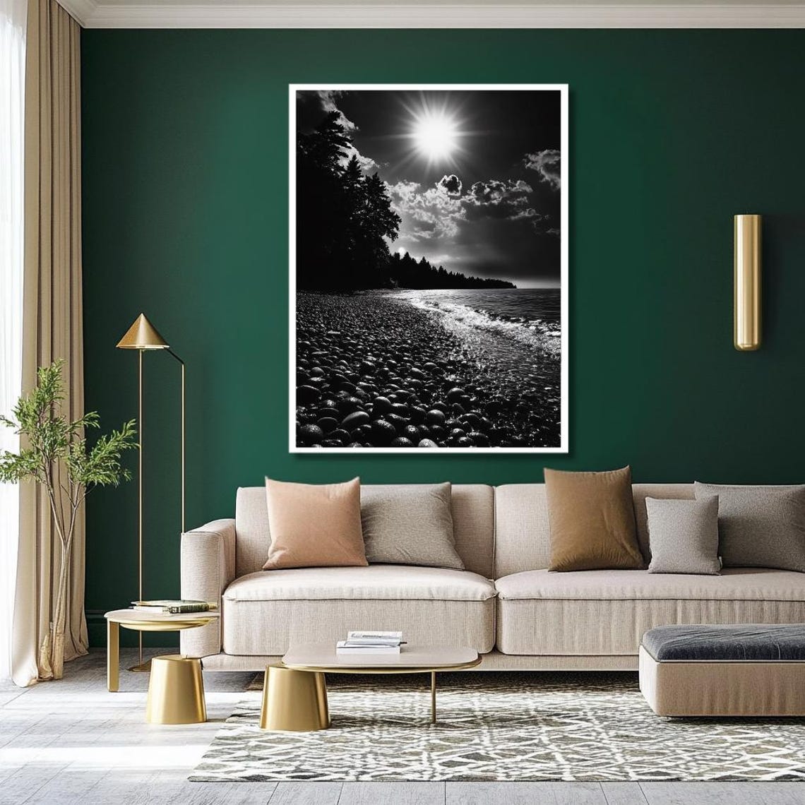 Black And White Pebble Beach With Radiant Sunburst And Waves Poster - Image 2