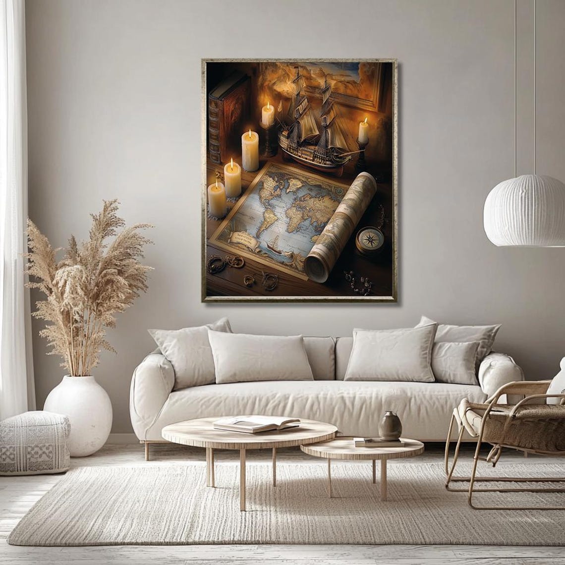 Vintage Nautical Map With Candles And Model Ship Still Life Poster - Image 3