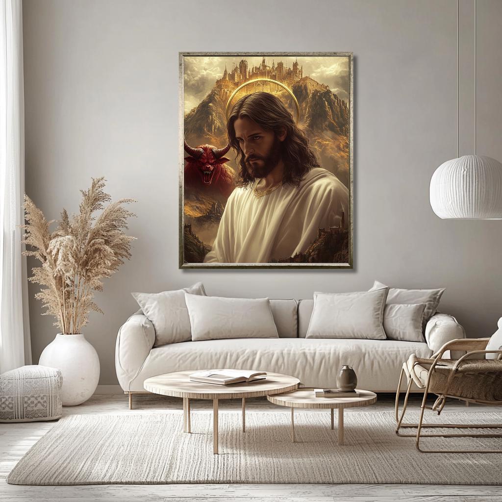 Jesus Versus Darkness Poster: Haloed Christ Facing Evil Before Golden City - Image 2