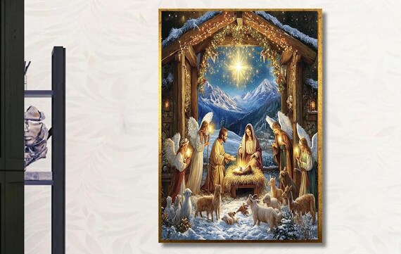 Snowy Nativity Scene With Angels And Animals Christmas Poster