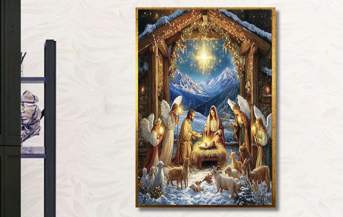 Snowy Nativity Scene With Angels And Animals Christmas Poster