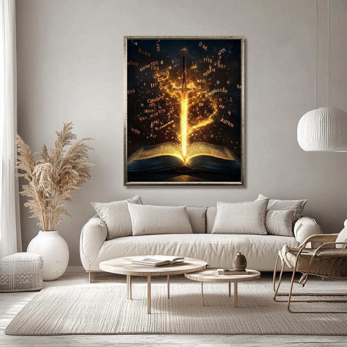 Glowing Magic Sword Rising From an Open Book With Golden Runes Poster - Image 3