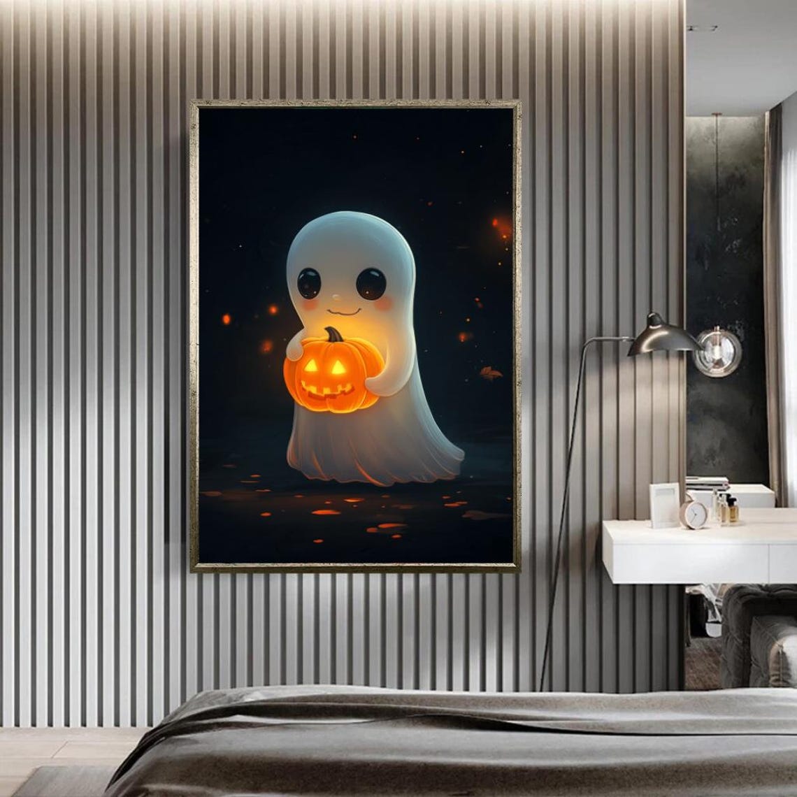 Cute Ghost Holding A Glowing Jack O Lantern Pumpkin Halloween Poster