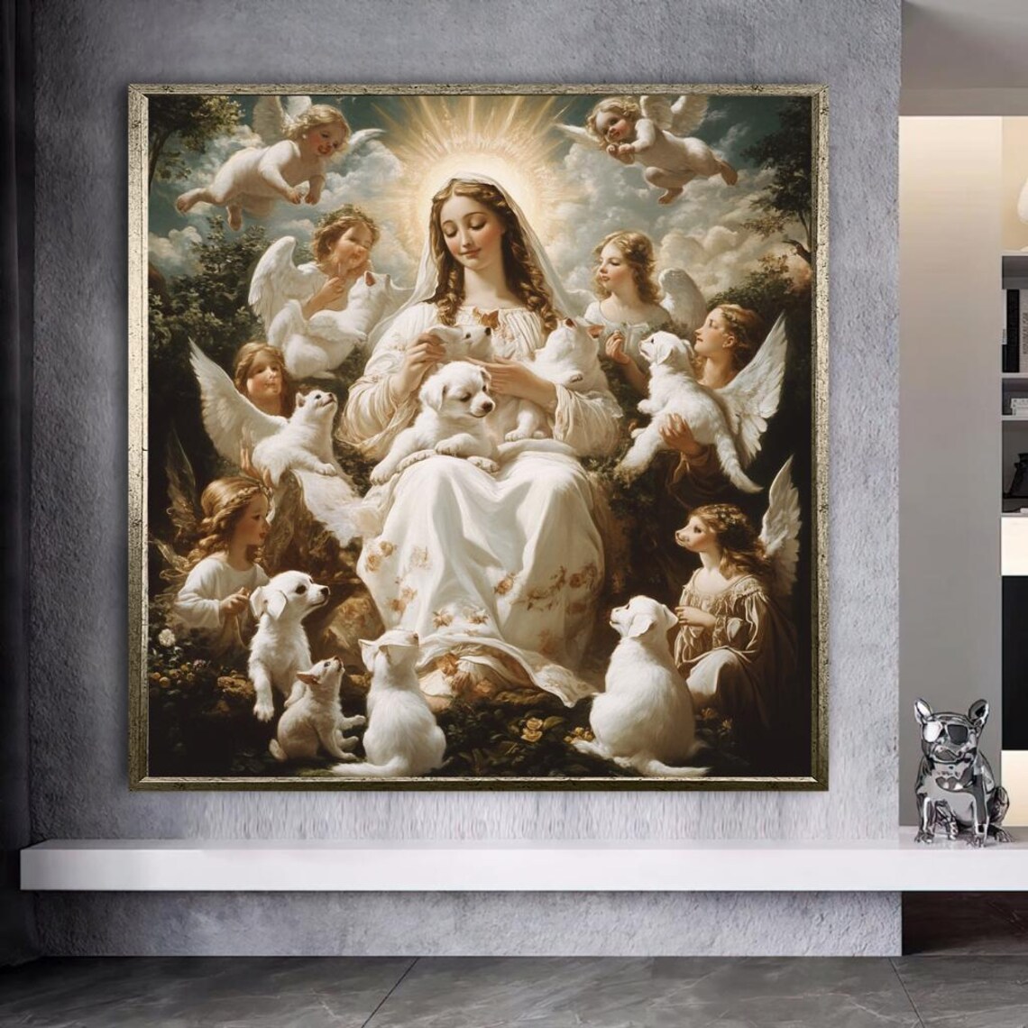 Virgin Mary With Angels and White Lambs Heavenly Glow Poster - Image 3