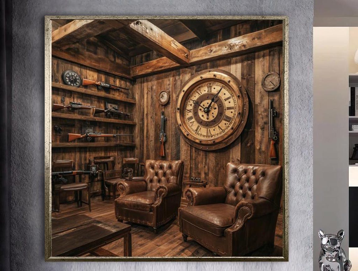 Rustic Vintage Study Room with Leather Chairs and Grand Clock Poster