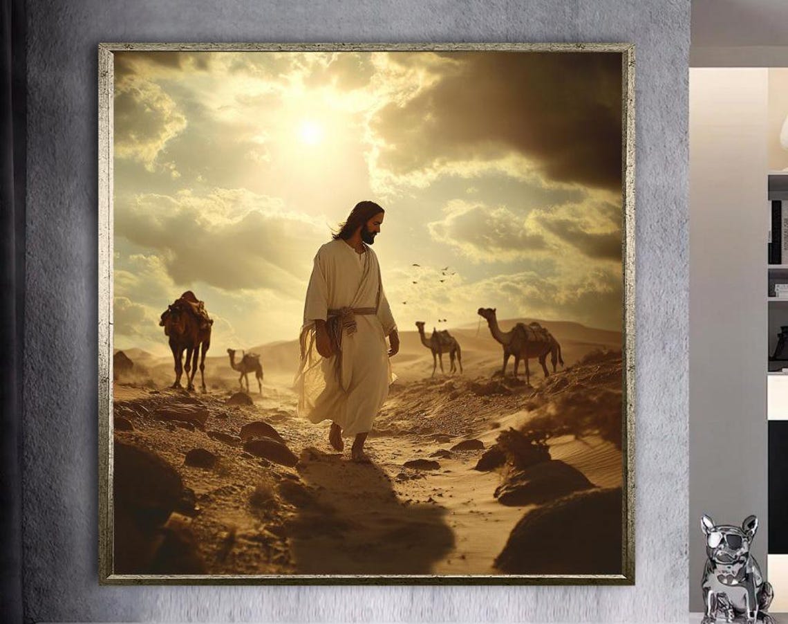 Jesus Walking Through the Desert With Camels Biblical Poster