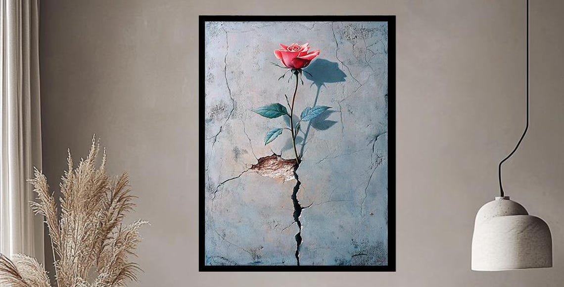 Red Rose Rising from Cracked Blue Wall Symbolic Floral Print