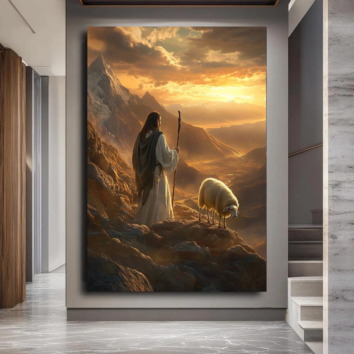 Shepherd With Staff And Sheep On Mountain At Golden Sunset Poster - Image 2