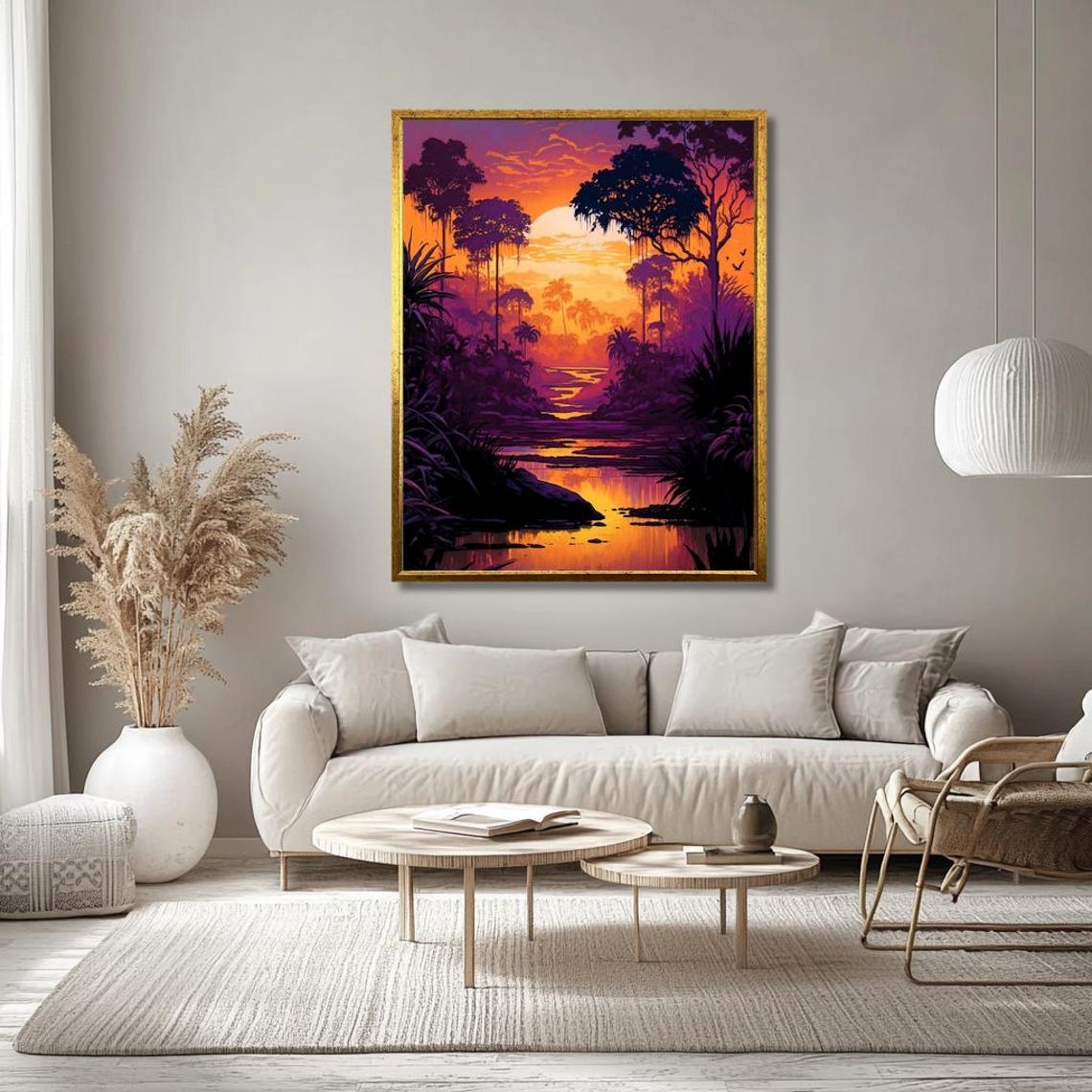 Vibrant Jungle Sunset Over River Exotic Nature Scene Wall Art - Image 3