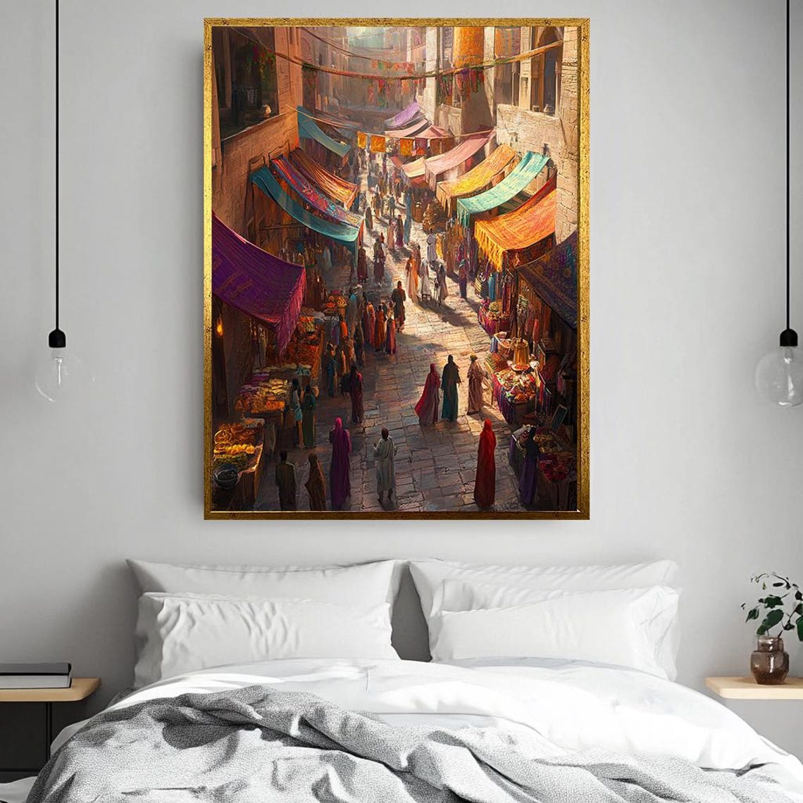 Busy Middle Eastern Market Street With Colorful Fabric Awnings Poster - Image 2