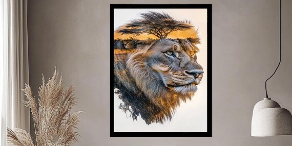 Majestic Lion Double Exposure African Sunset Savanna Art Print