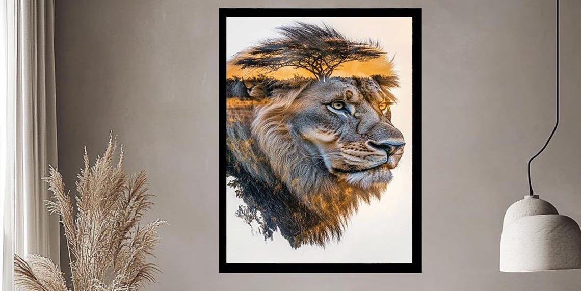 Majestic Lion Double Exposure African Sunset Savanna Art Print