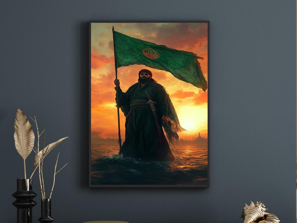 Warrior Holding A Green Banner In The Sea At Golden Sunset Poster