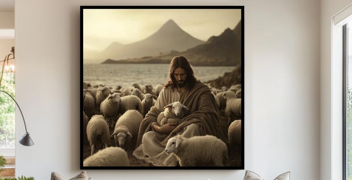 Jesus the Good Shepherd with Sheep Flock Lakeside Mountain Poster