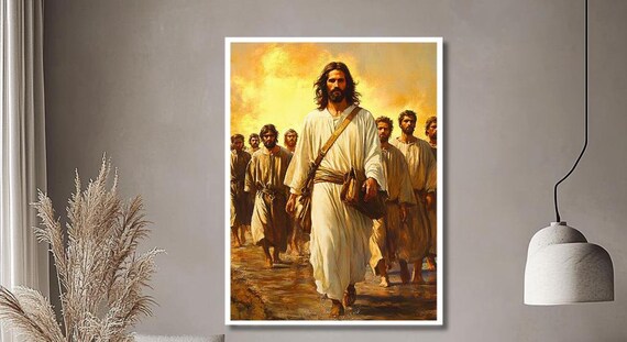 Jesus Walking Forward With His Followers in Golden Light Poster