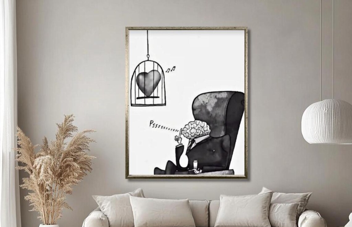 Monochrome Heart In Cage Surreal Black White Abstract Poster - Image 3