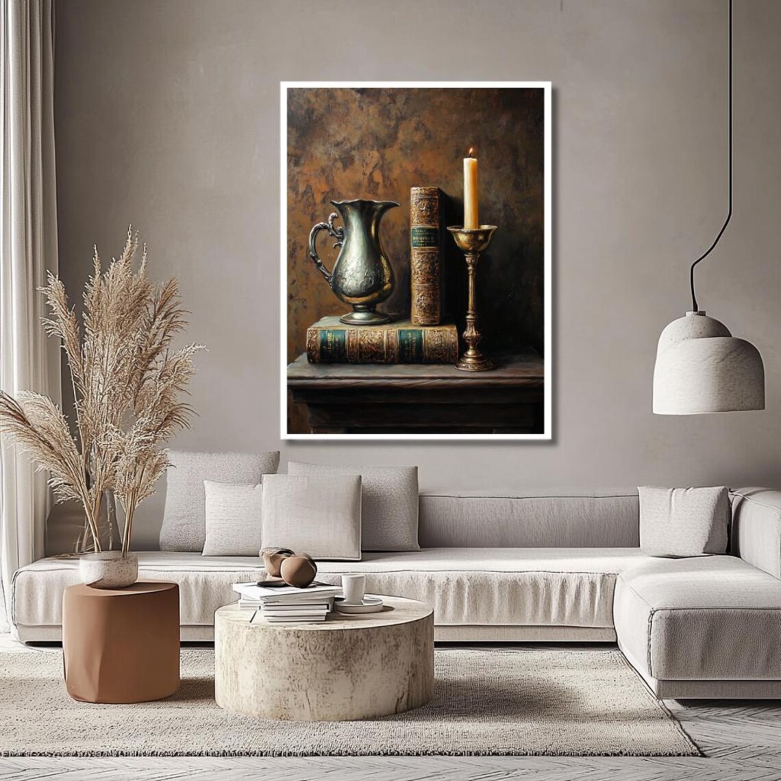Vintage Still Life of Antique Books Silver Pitcher and Candle Poster