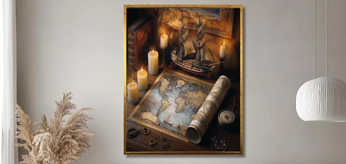Vintage Nautical Map With Candles And Model Ship Still Life Poster