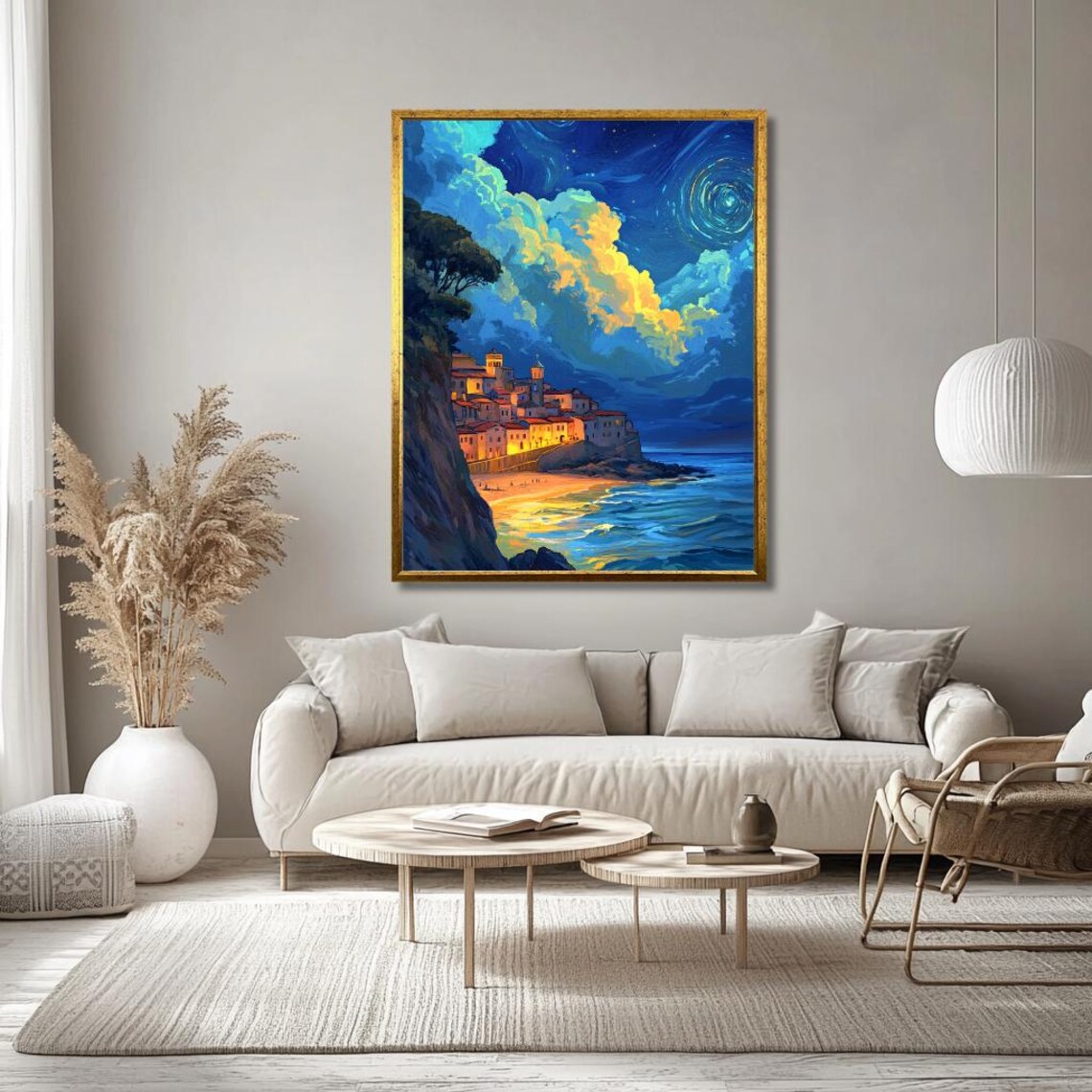 Illuminated Coastal Village Under Swirling Starry Night Sky Poster - Image 3